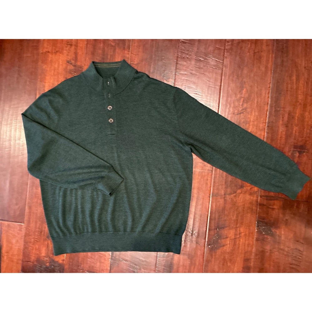 Orvis Merino Wool Sweater Mens XXL Mockneck Green Quarter Button Faux Suede